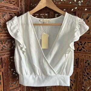 NWT Monteau Los Angeles White Ruffle Sleeve V-Neck Smocked Back Top Medium